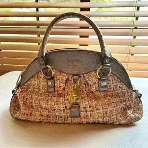 J.W.‎ Hulme Maureen Ivory Tweed Pewter Leather Trim Dome Top Handle Satchel Bag